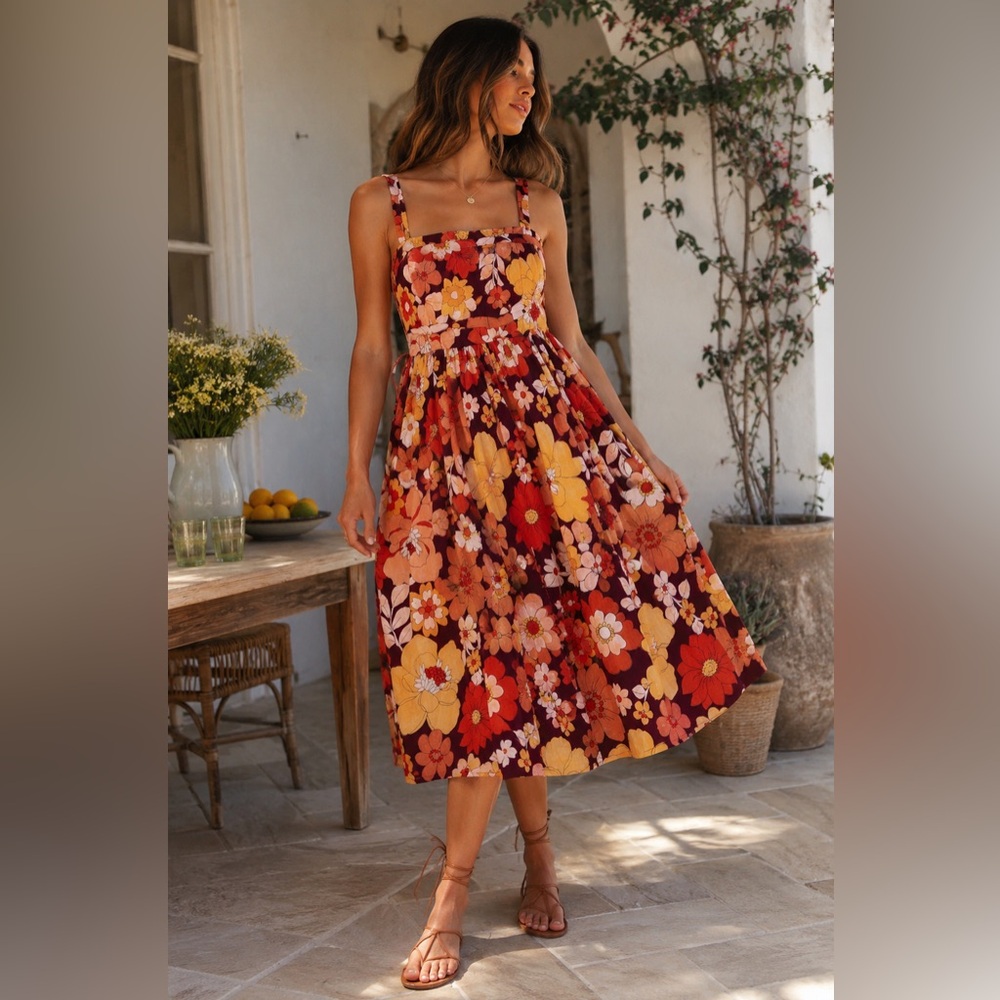 ASOS Floral Tie Back Midi Dress Womens 8 Retro Cottagecore Boho NWT Raw Hem